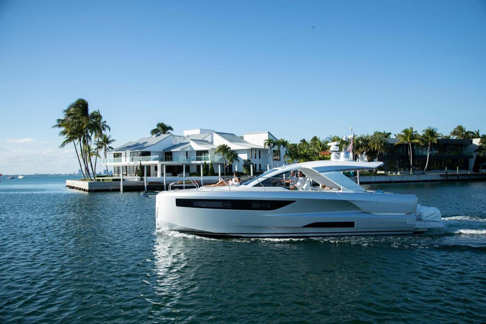 Jeanneau DB/43 cruising past a palm-lined shore